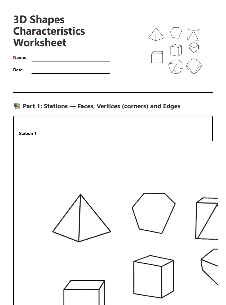 3D Shapes Characteristics Worksheet worksheet preview