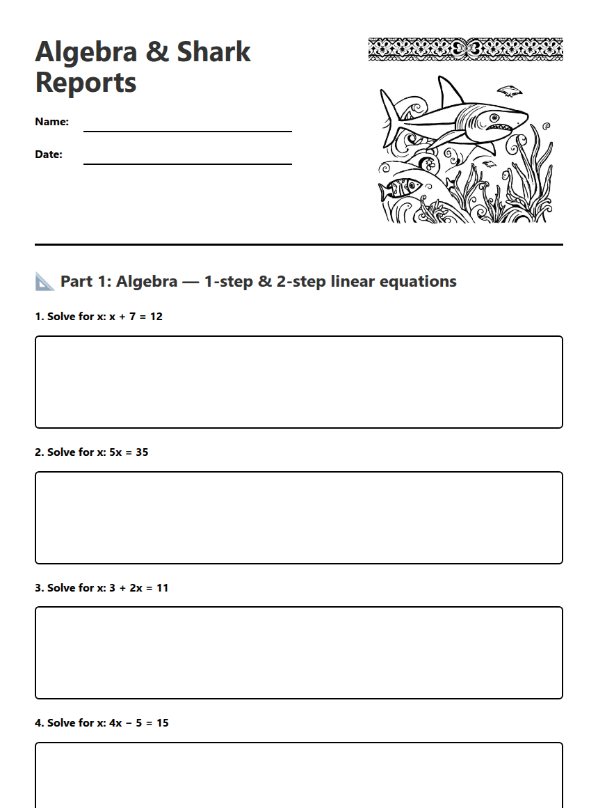 Algebra & Shark Reports worksheet preview