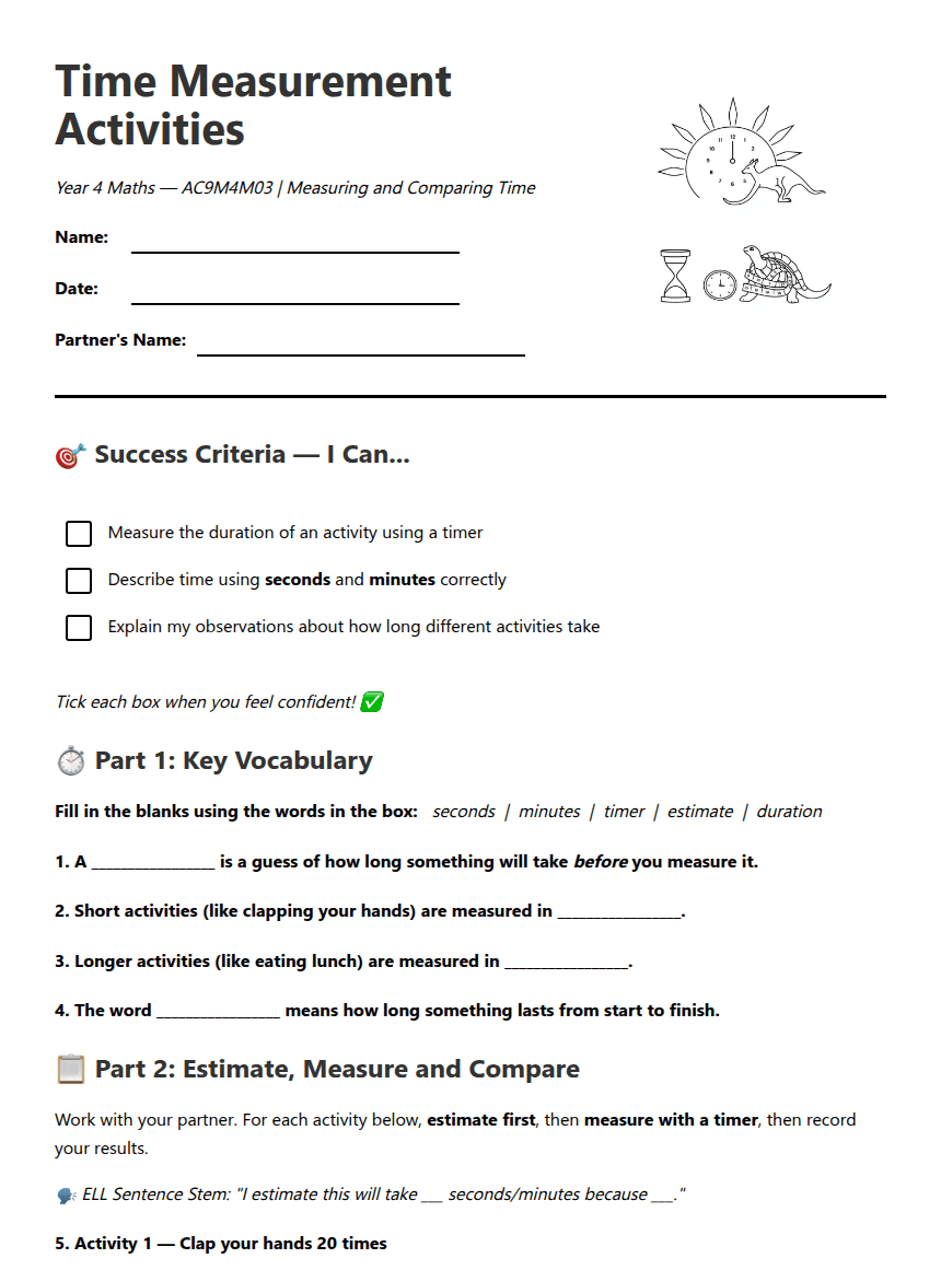 Time Measurement Activities worksheet preview