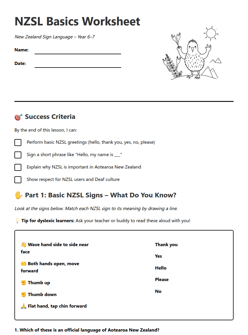 NZSL Basics Worksheet worksheet preview