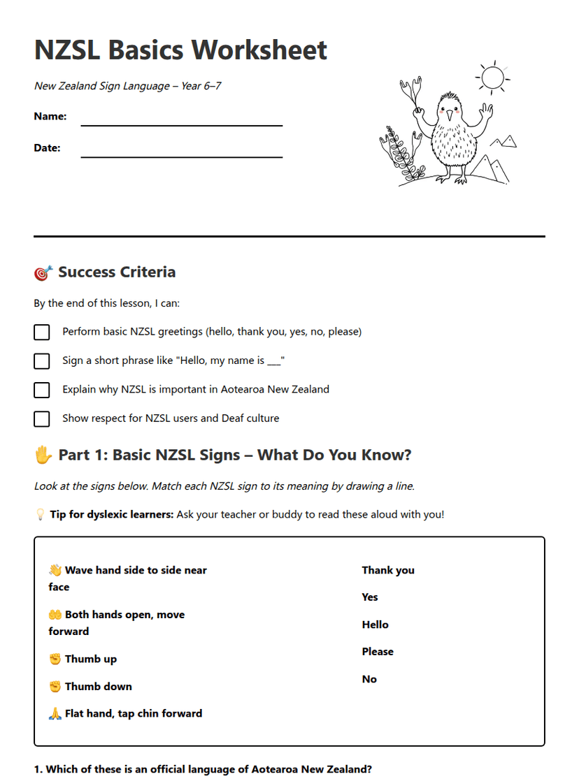 NZSL Basics Worksheet