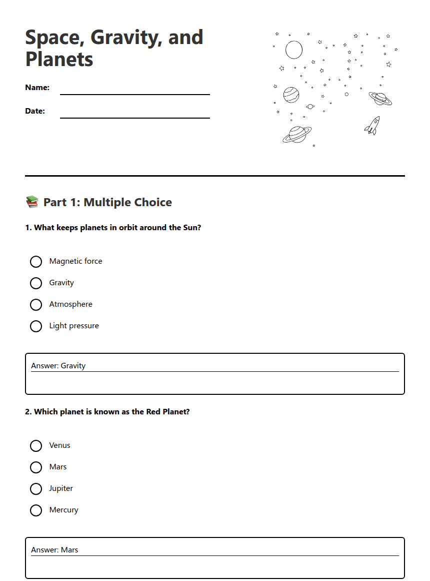 Space, Gravity, and Planets worksheet preview