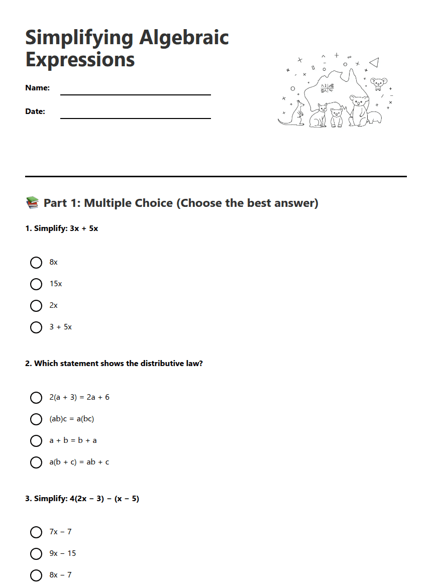 Simplifying Algebraic Expressions worksheet preview