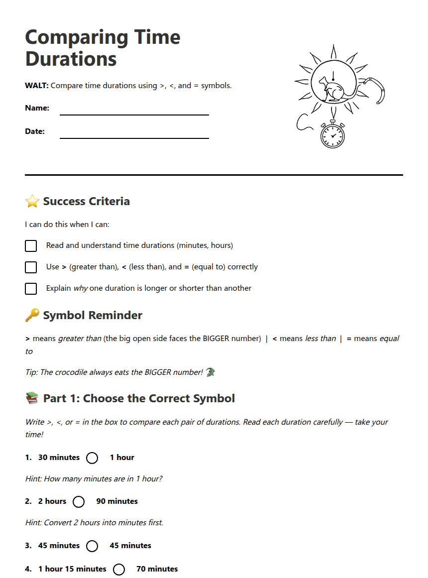 Comparing Time Durations Worksheet worksheet preview