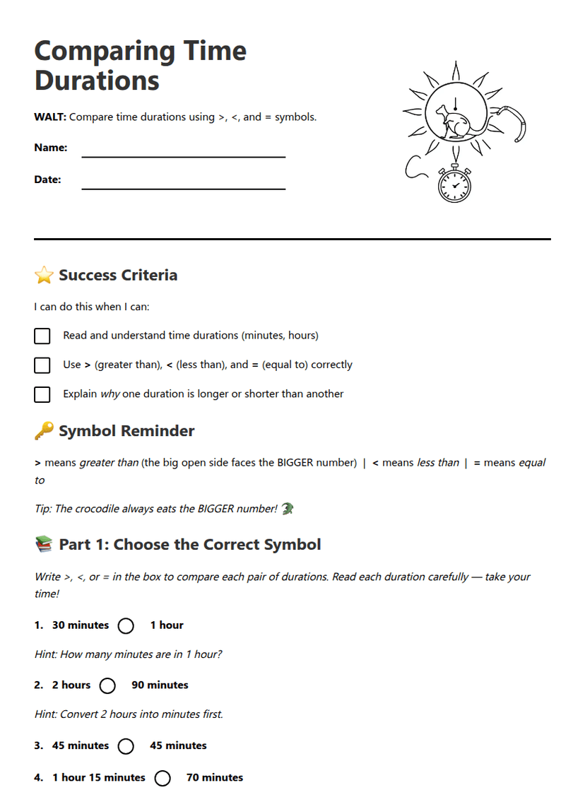 Comparing Time Durations Worksheet