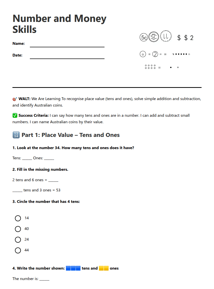 Number and Money Skills worksheet preview