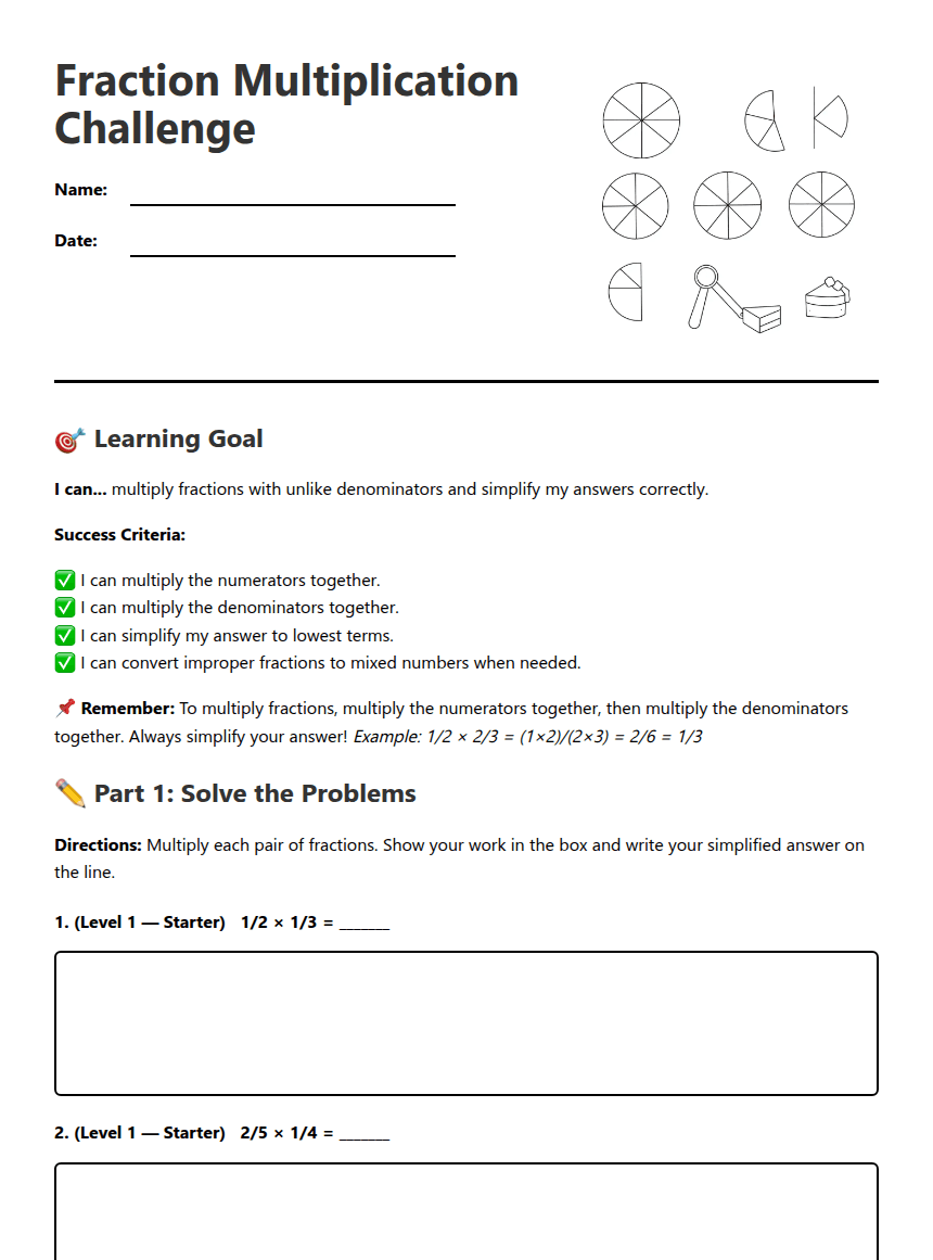 Fraction Multiplication Challenge worksheet preview