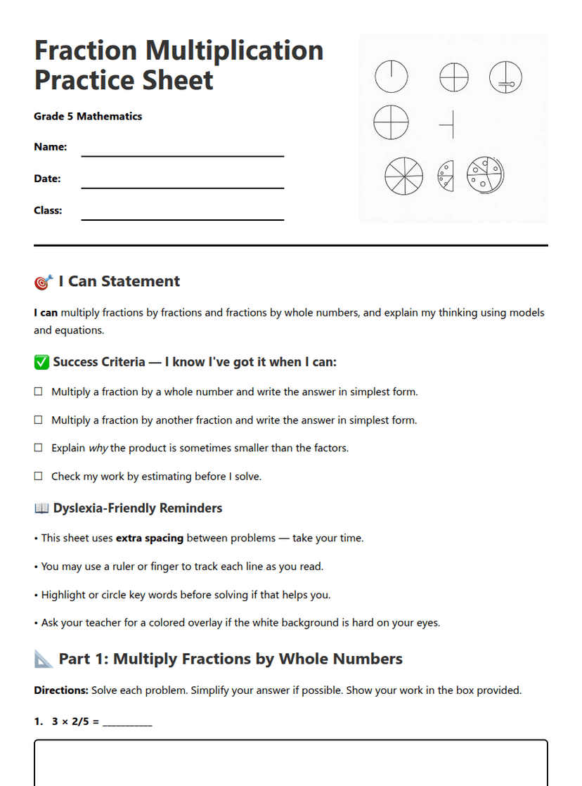 Fraction Multiplication Practice Sheet