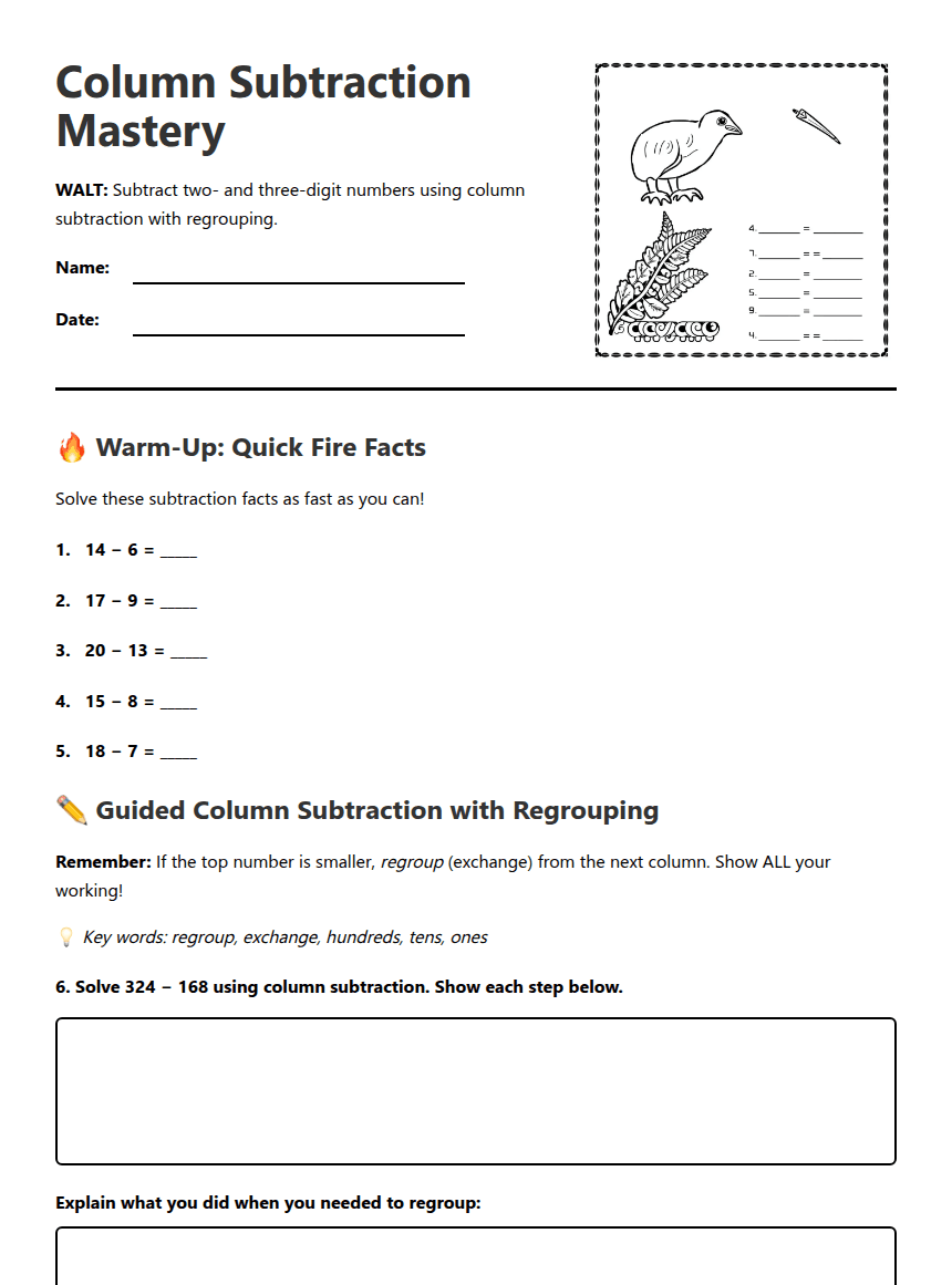 Column Subtraction Mastery worksheet preview