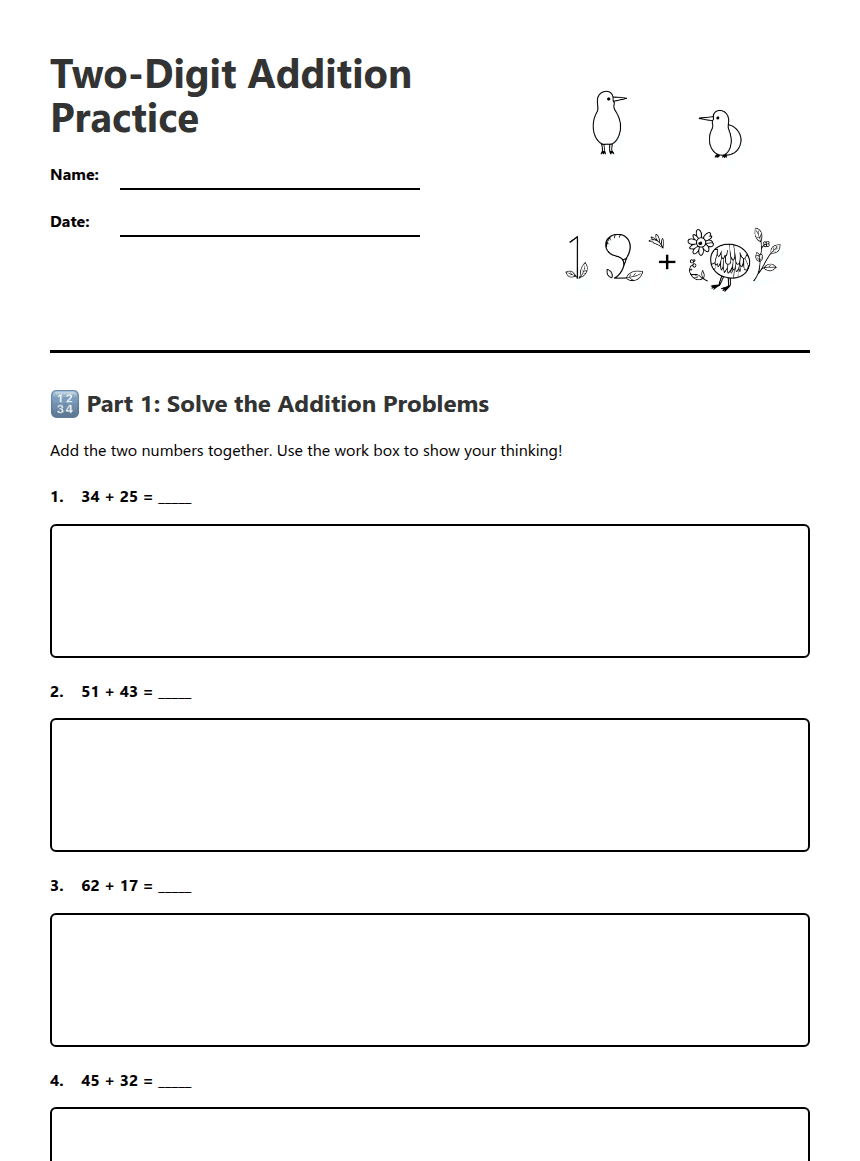 Two-Digit Addition Practice worksheet preview