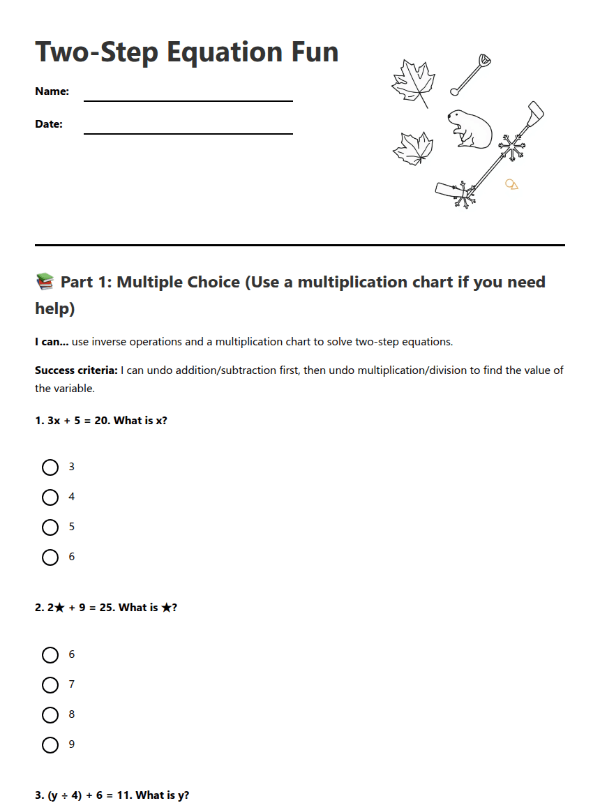 Two-Step Equation Fun worksheet preview