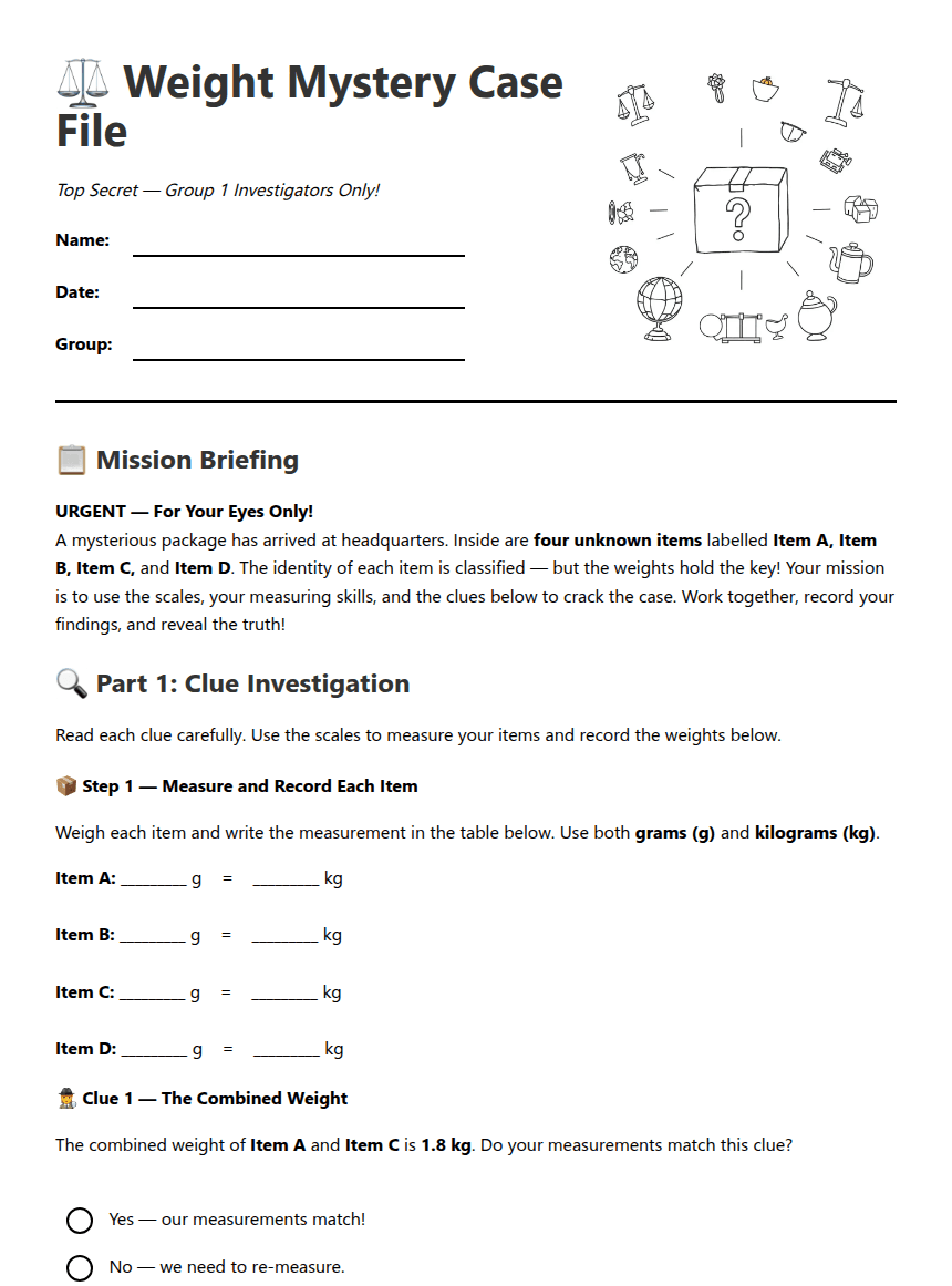 Weight Mystery Case File worksheet preview