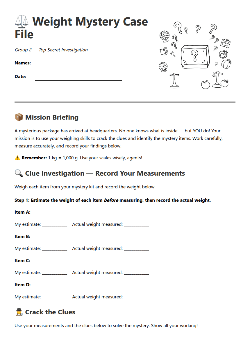 Weight Mystery Case File worksheet preview