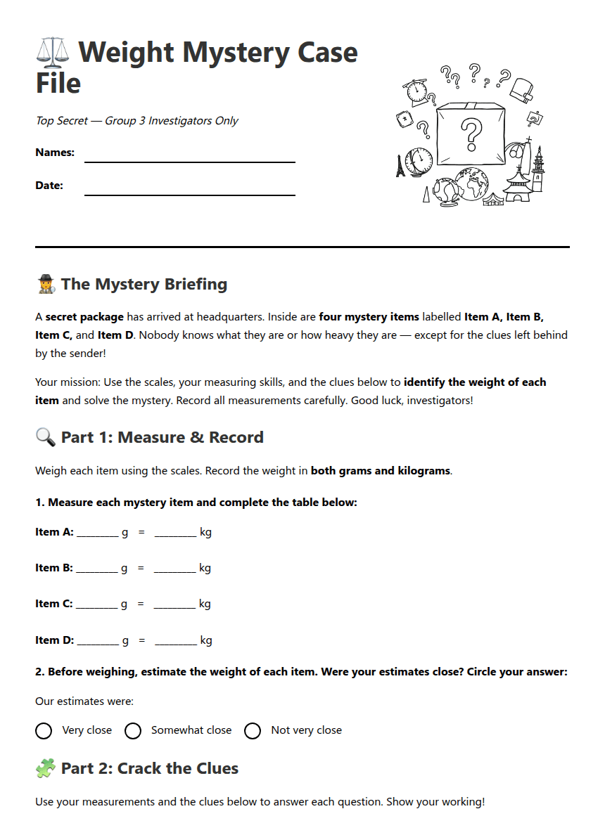 Weight Mystery Case File worksheet preview