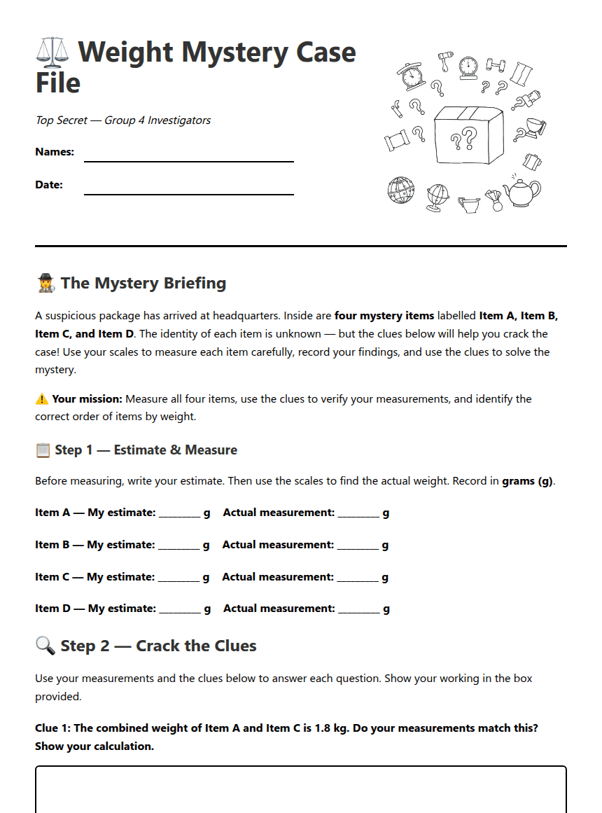 Weight Mystery Case File worksheet preview