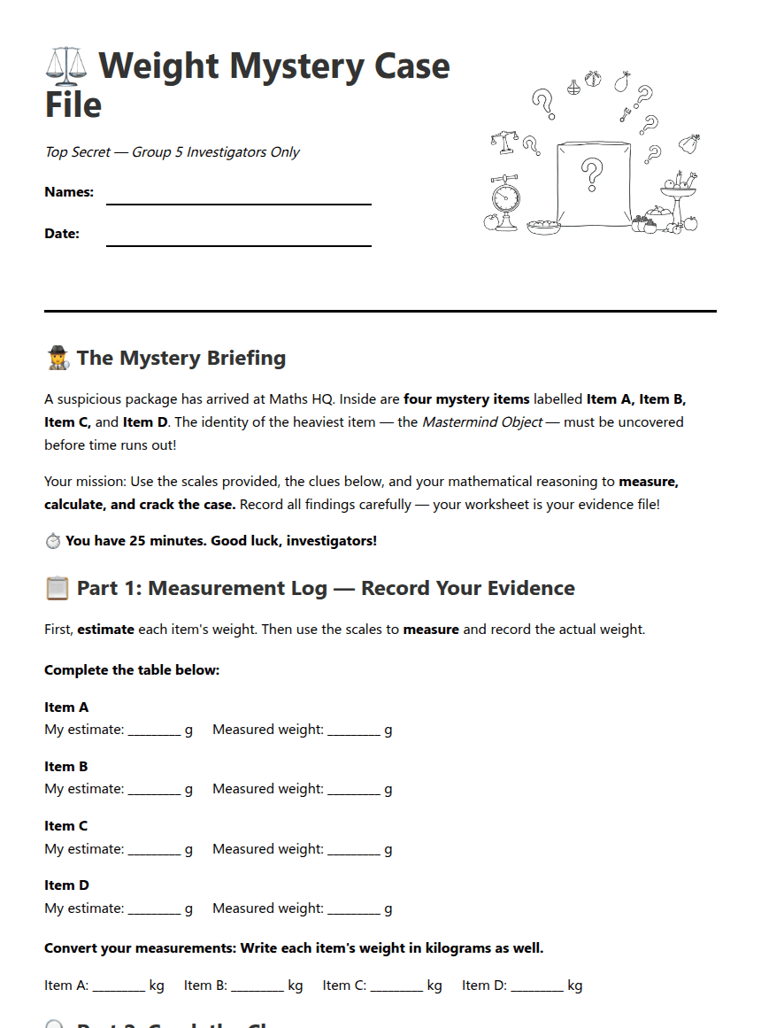 Weight Mystery Case File worksheet preview