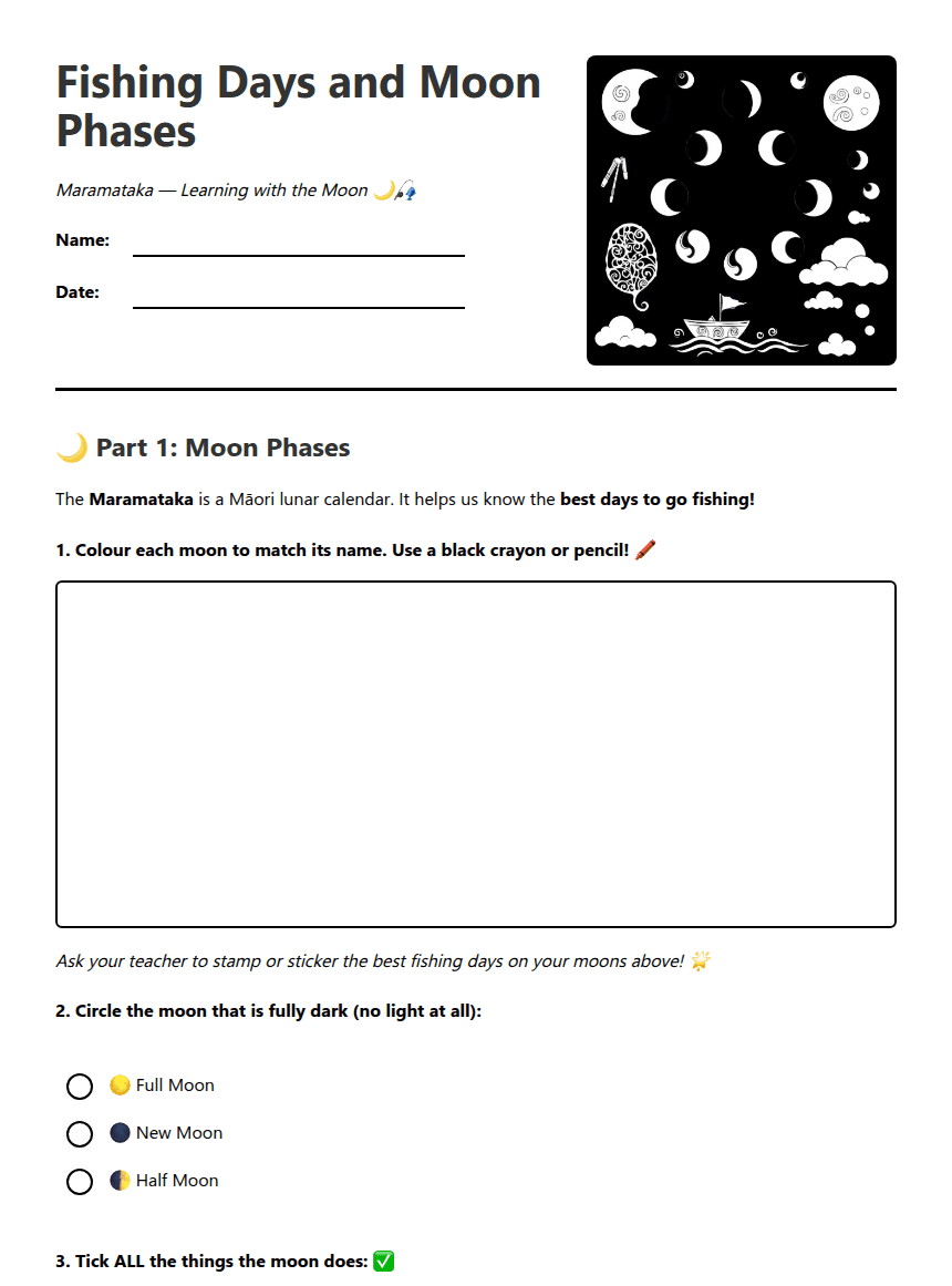 Fishing Days and Moon Phases worksheet preview