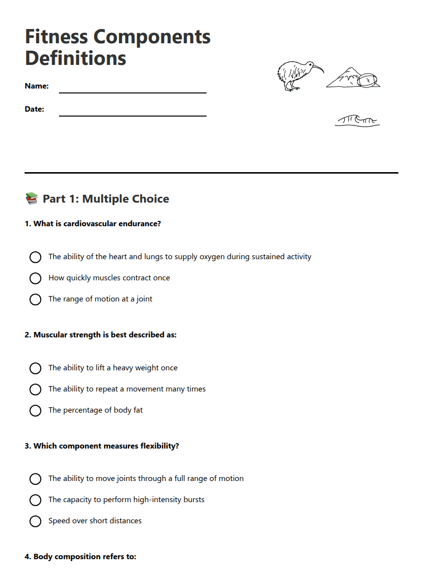 Fitness Components Definitions worksheet preview