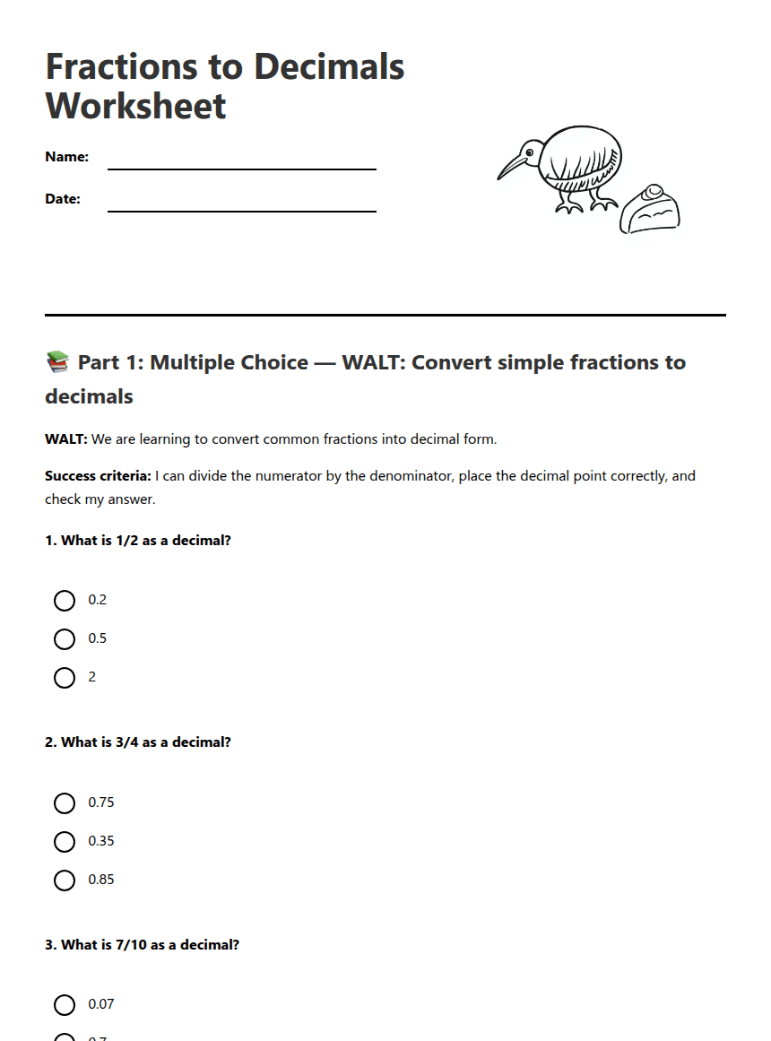 Fractions to Decimals Worksheet worksheet preview
