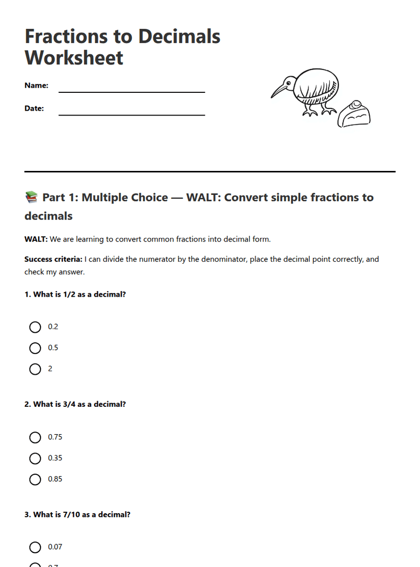 Fractions to Decimals Worksheet