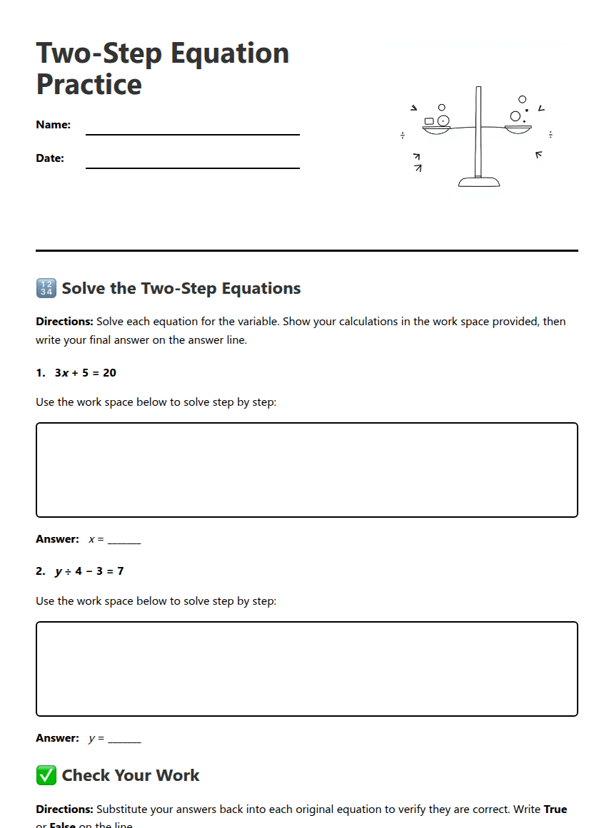 Two-Step Equation Practice worksheet preview