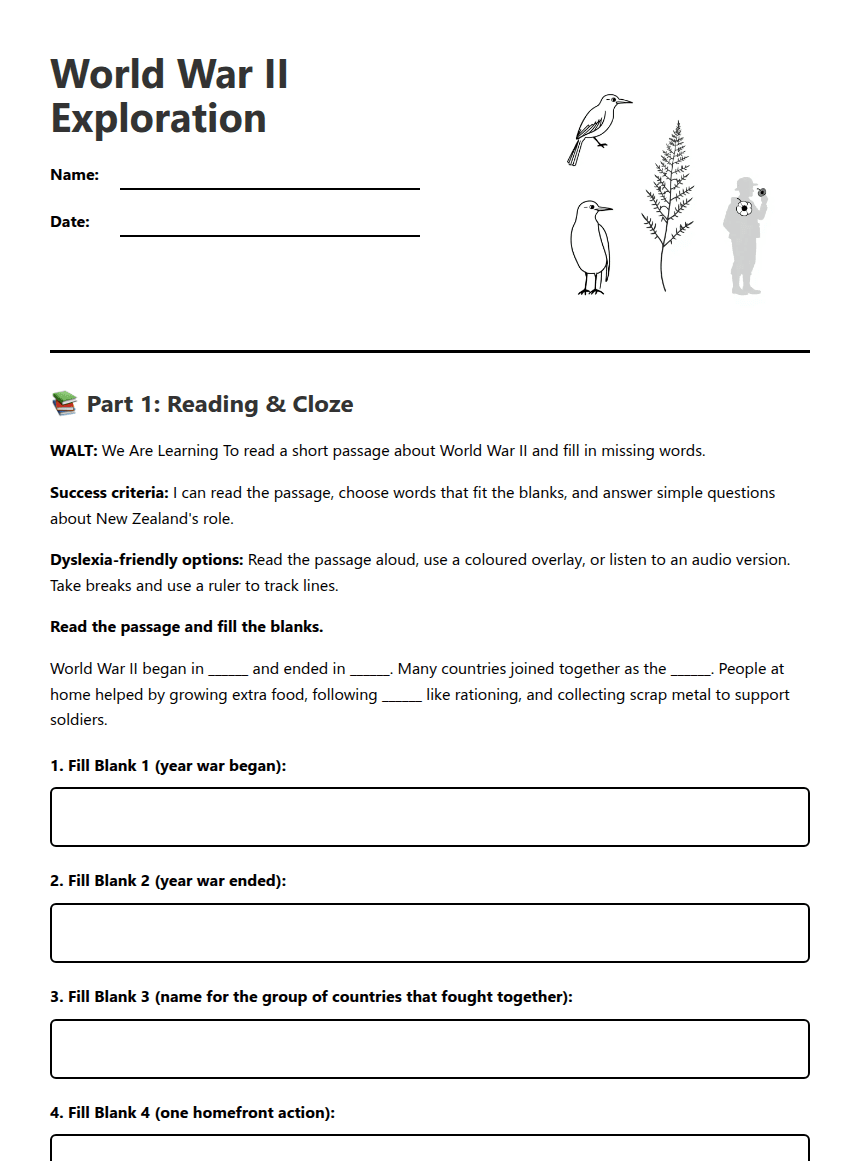 World War II Exploration worksheet preview