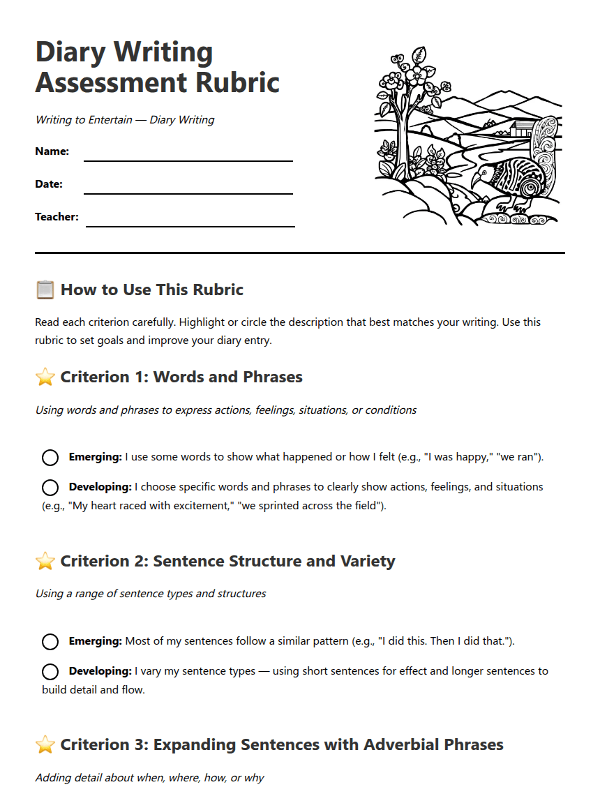 Diary Writing Assessment Rubric worksheet preview