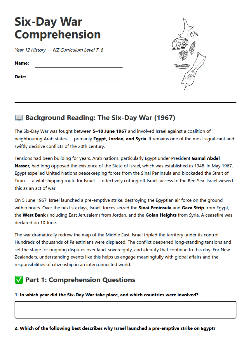 Six-Day War Comprehension worksheet preview