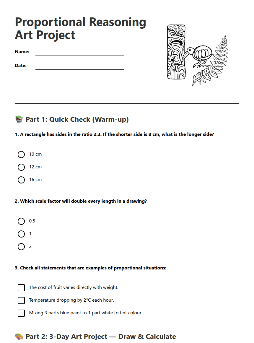 Proportional Reasoning Art Project worksheet preview