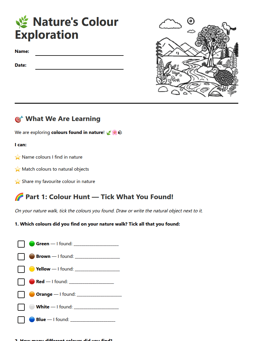 Nature's Colour Exploration worksheet preview