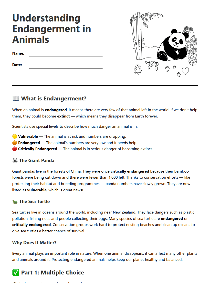 Understanding Endangerment in Animals worksheet preview