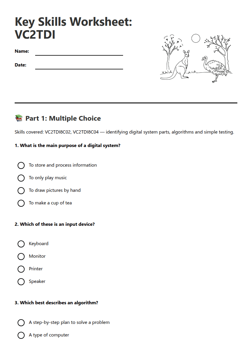 Key Skills Worksheet: VC2TDI worksheet preview