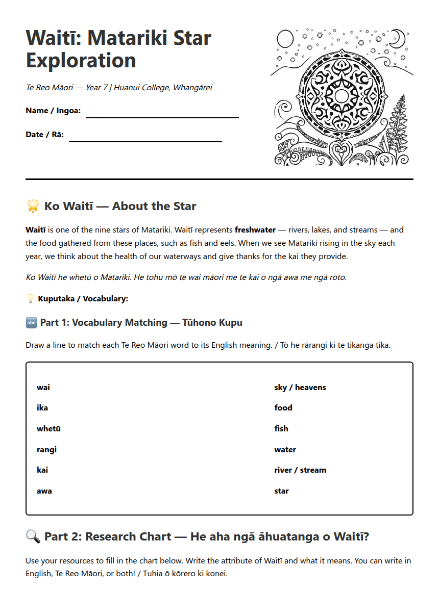 Waitī: Matariki Star Exploration worksheet preview