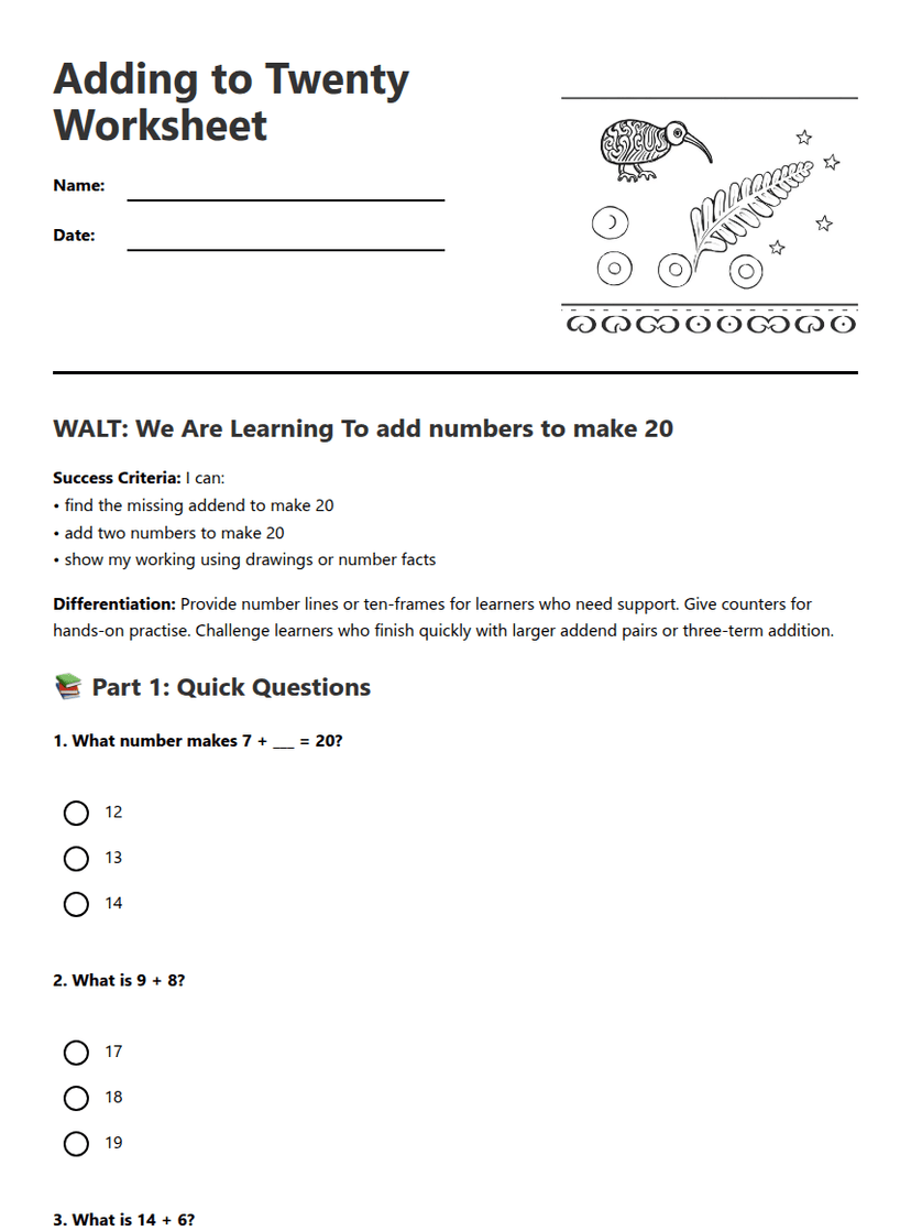 Adding to Twenty Worksheet