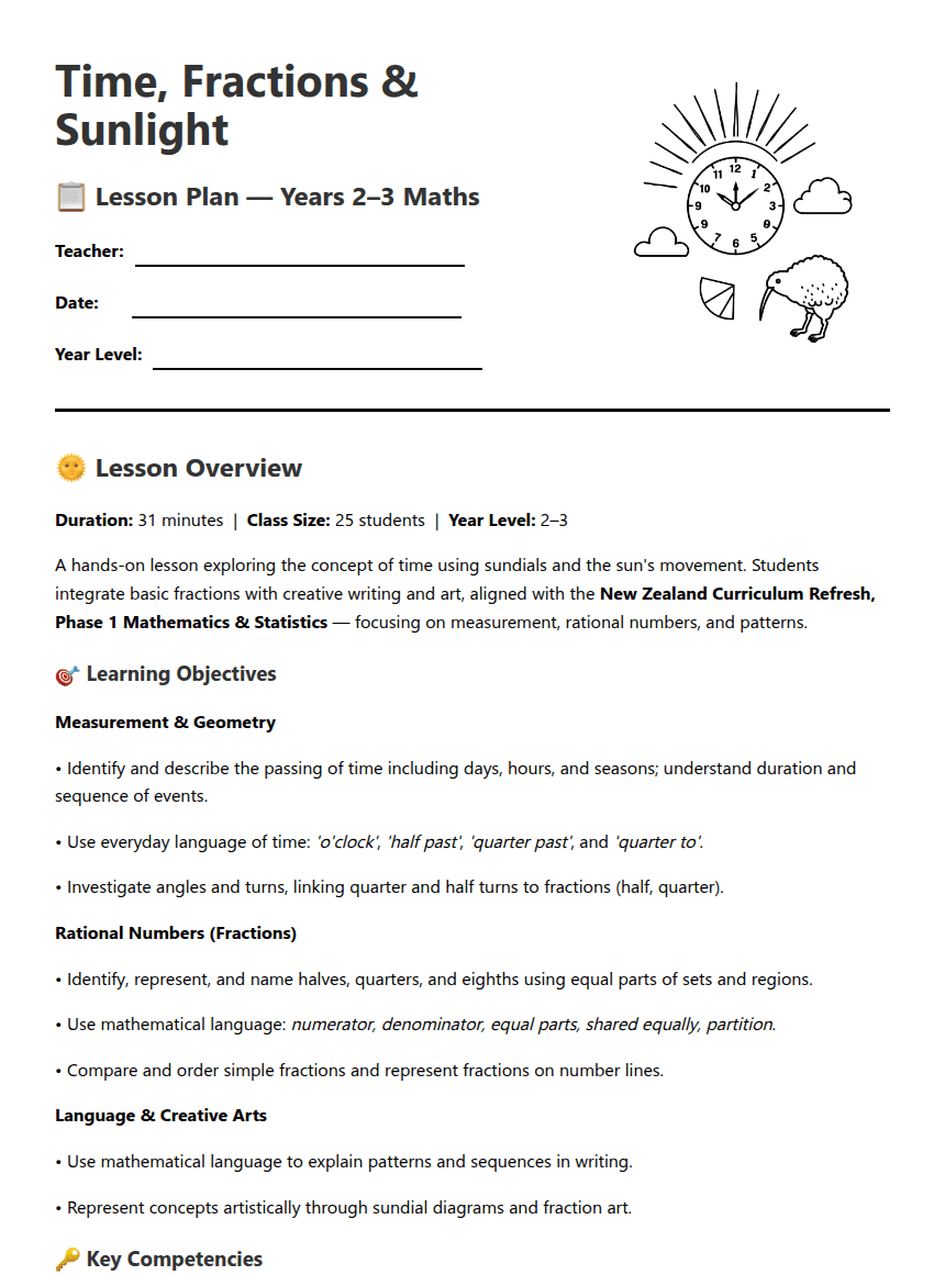 Time, Fractions & Sunlight worksheet preview