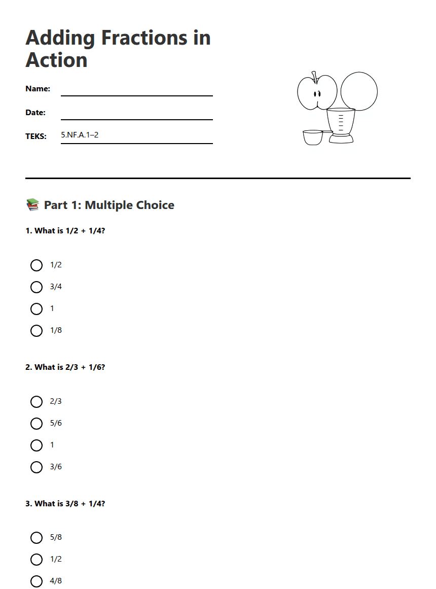 Adding Fractions in Action worksheet preview