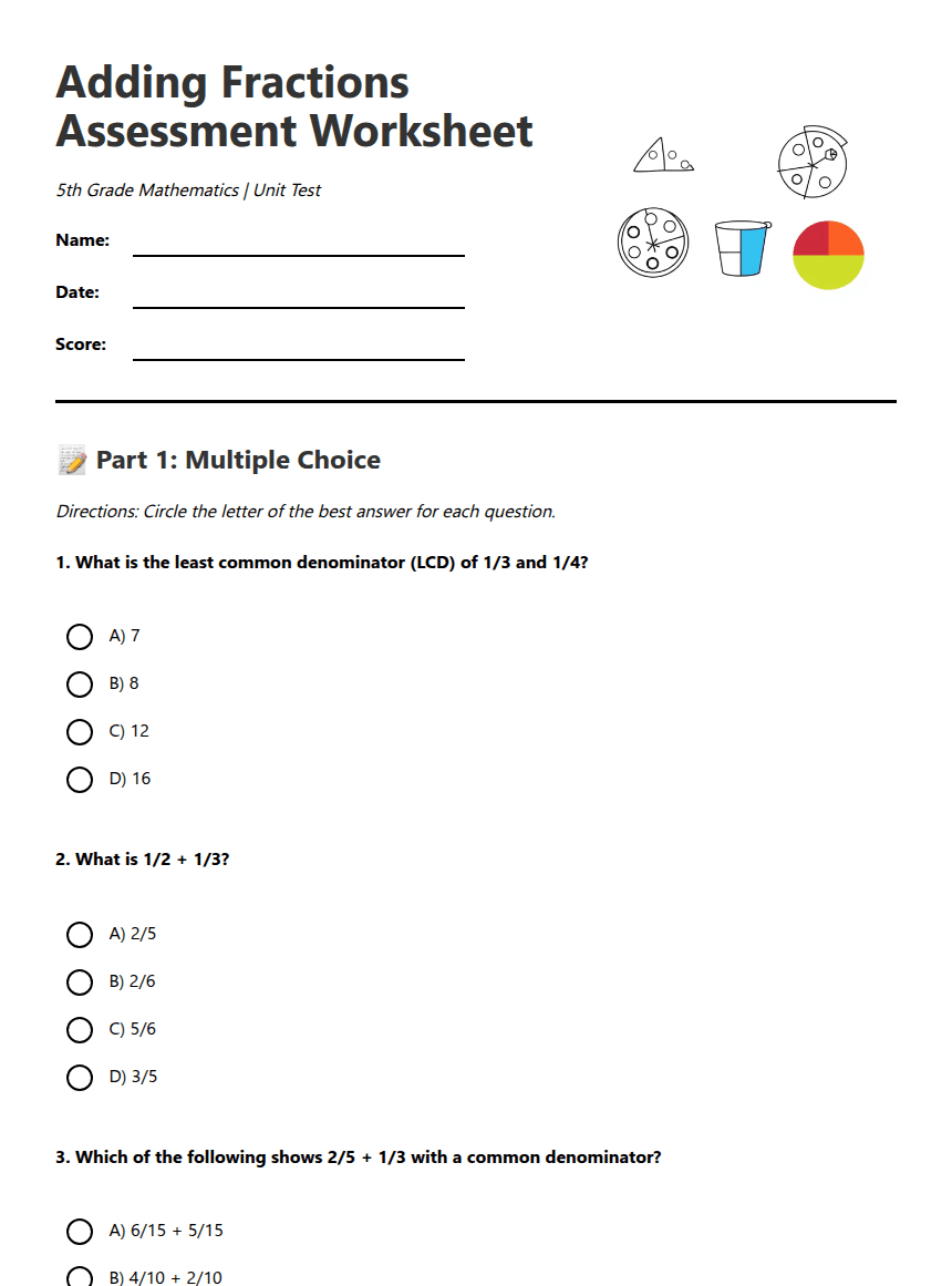 Adding Fractions Assessment Worksheet worksheet preview