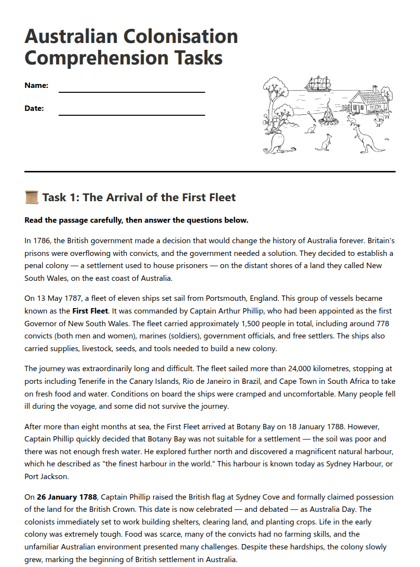 Australian Colonisation Comprehension Tasks worksheet preview
