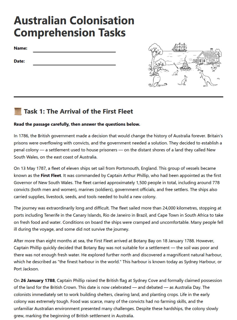 Australian Colonisation Comprehension Tasks