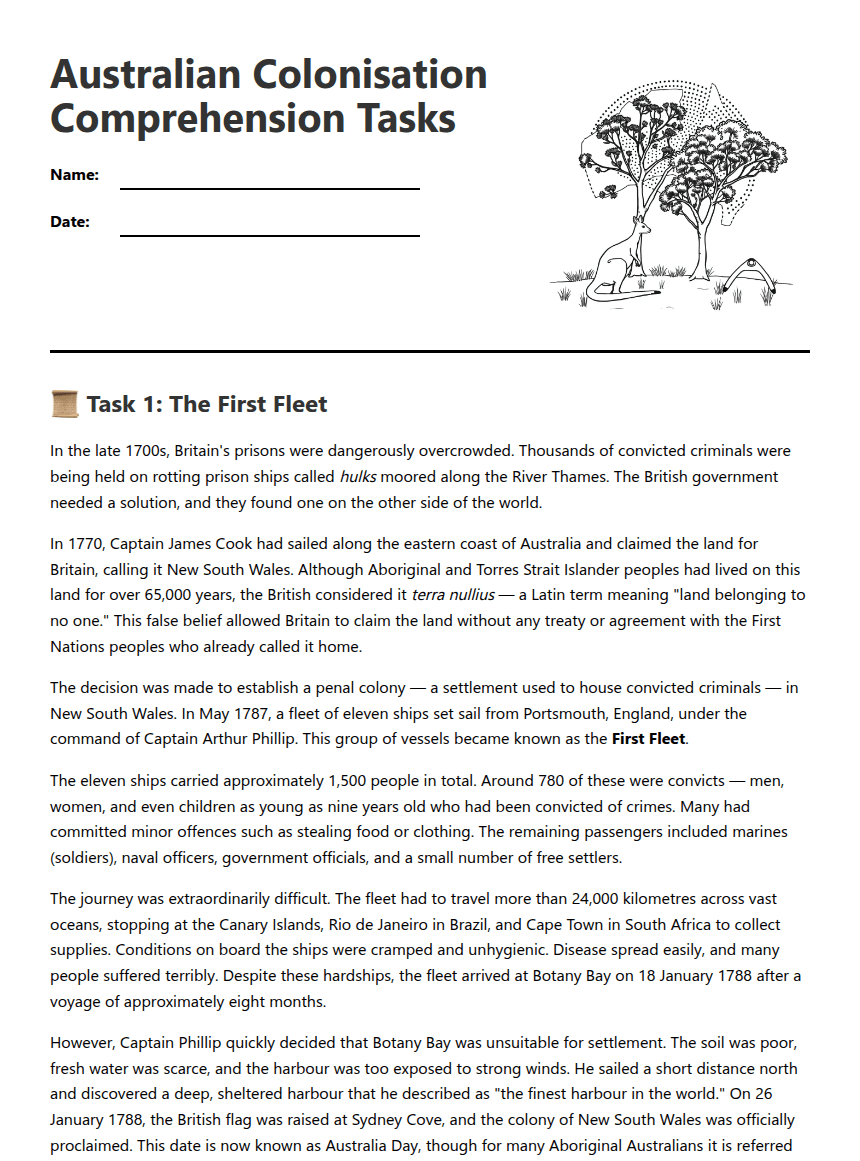 Australian Colonisation Comprehension Tasks worksheet preview