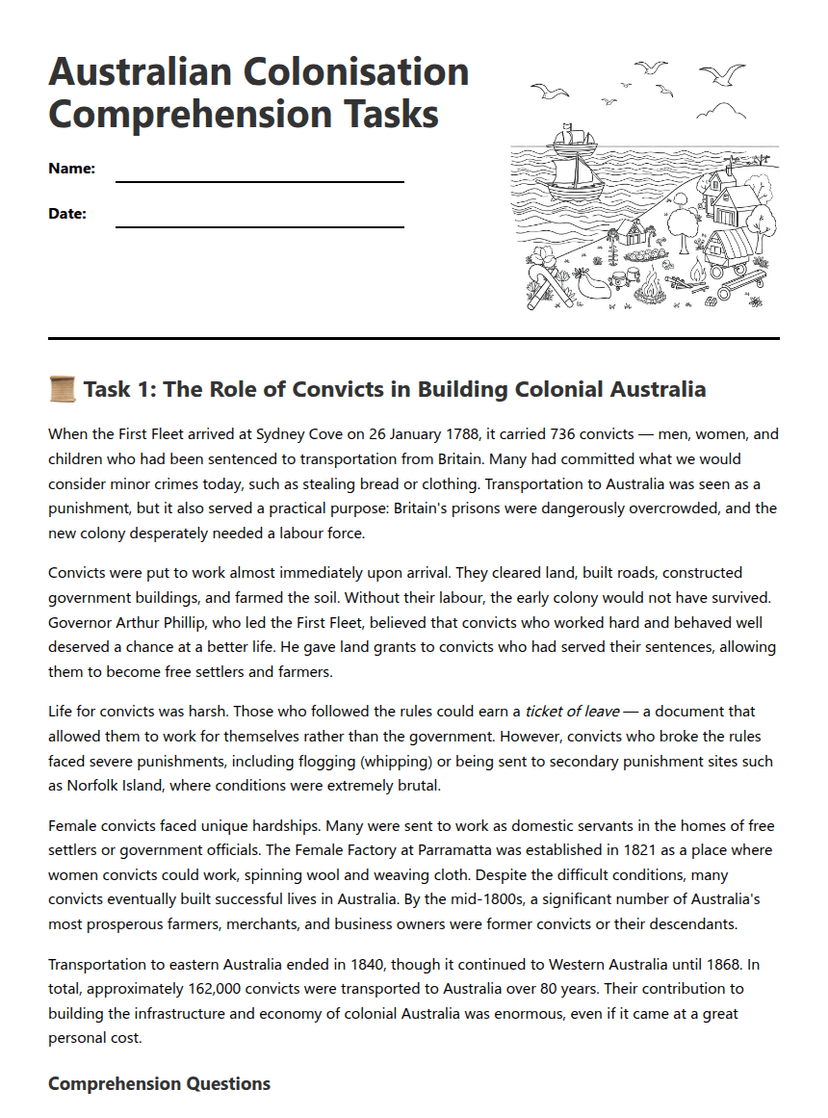 Australian Colonisation Comprehension Tasks