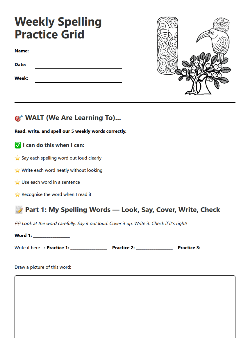 Weekly Spelling Practice Grid worksheet preview