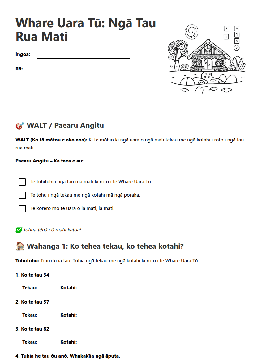 Whare Uara Tu: Place Value worksheet preview