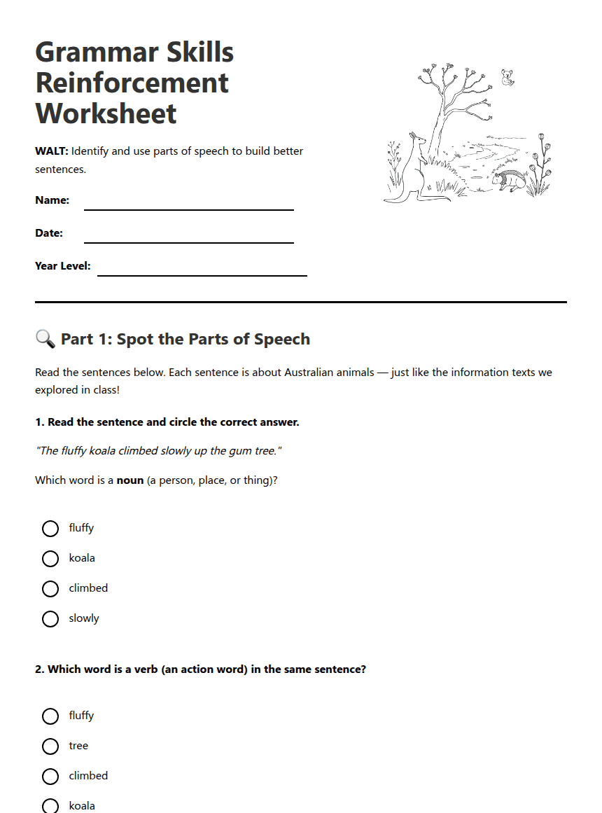 Grammar Skills Reinforcement Worksheet worksheet preview