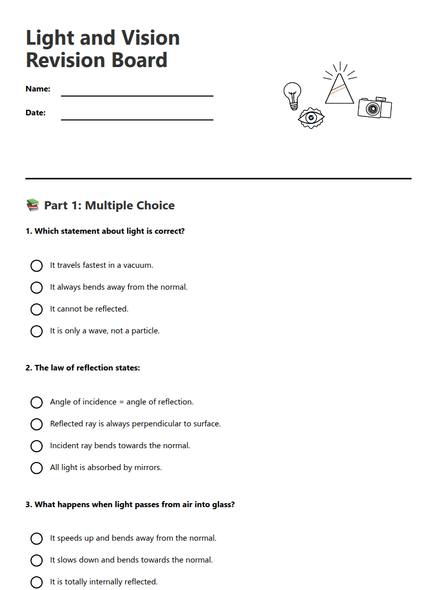 Light and Vision Revision Board worksheet preview
