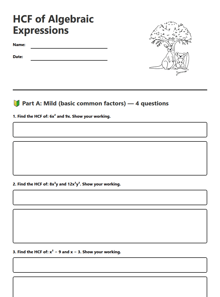 HCF of Algebraic Expressions worksheet preview