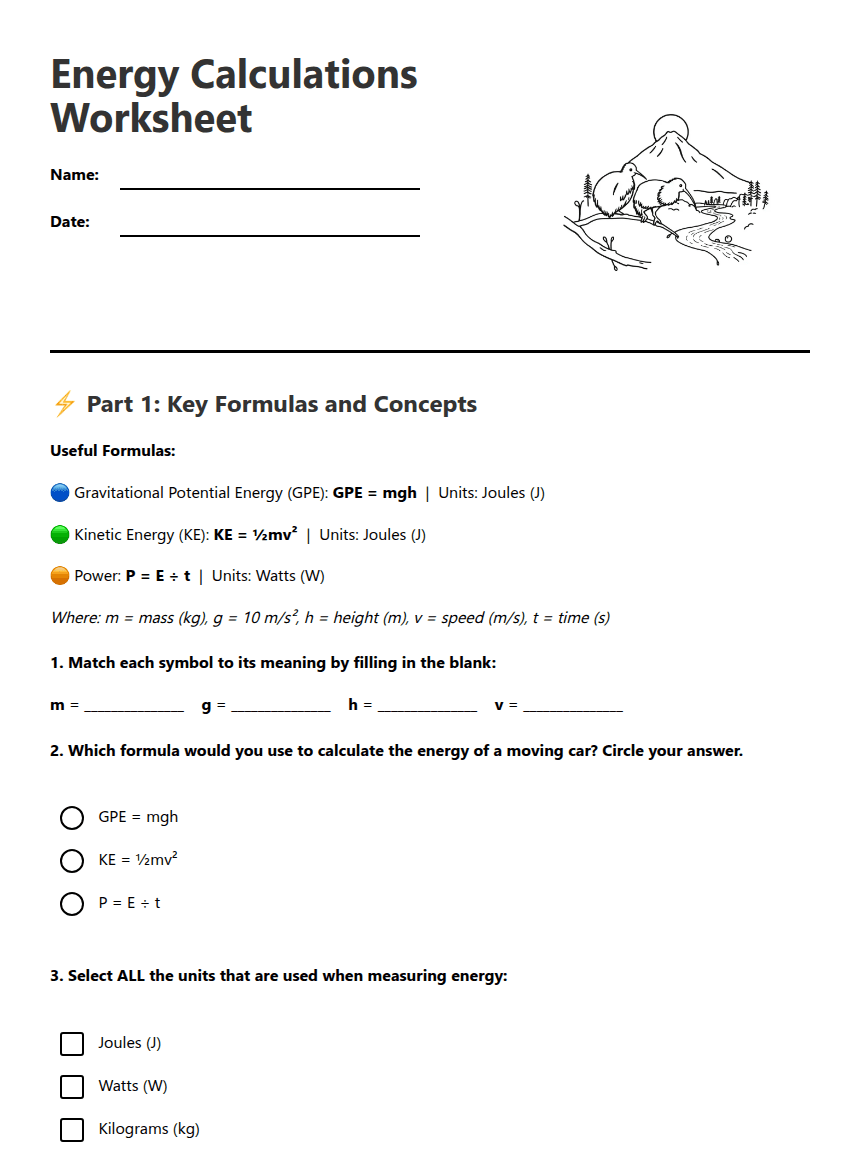 Energy Calculations Worksheet worksheet preview