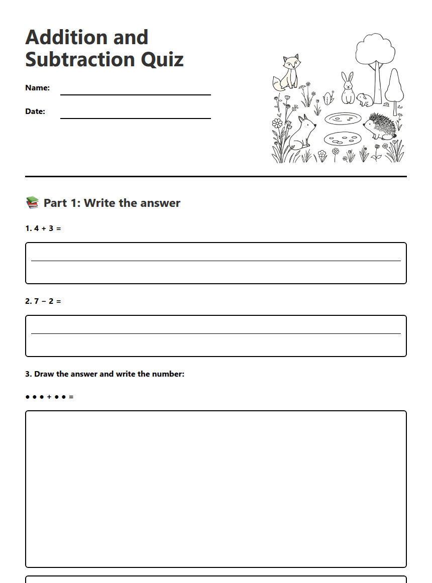 Addition and Subtraction Quiz worksheet preview