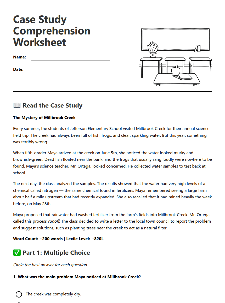 Case Study Comprehension Worksheet worksheet preview