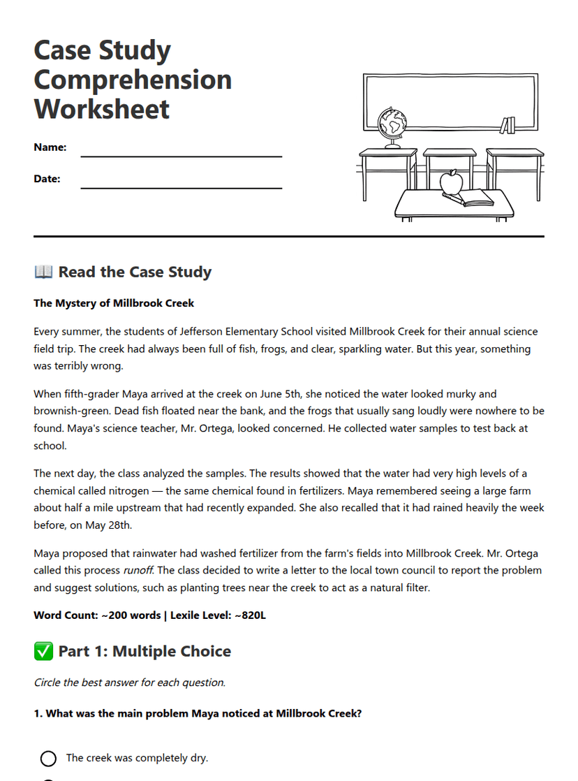 Case Study Comprehension Worksheet